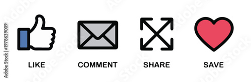 Collection of social media icons for like comment share and save actions on white background vector.