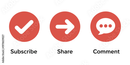 Subscription and sharing icons with arrows and chat bubbles in red circles for online content vector.