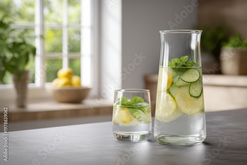 Refresh Beverage with Cucumber, Lemon, and Mint on a Kitchen Countertop
