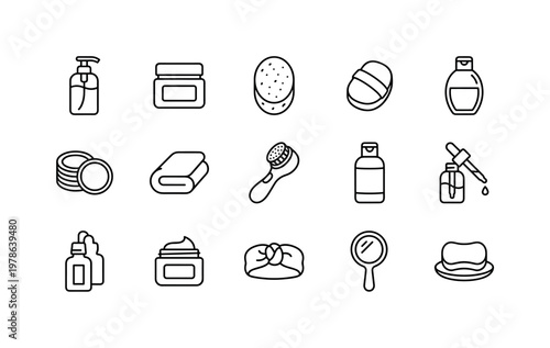 A facial cleansing scene with a face wash bottle, cleanser jar, facial sponge, cotton pads, face towel, exfoliating brush, toner