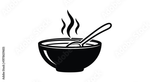 A black and white illustration depicting a bowl of hot soup with steam