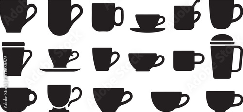 Coffee cup silhouettes collection, various mug and teacup shapes with saucers, hot beverage drinkware set  Silhouette  vector illustration with out background.