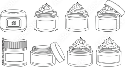 Set of eight outline illustrations of cosmetic jars and containers, including open and closed lids, cream swirls, and a digital display, ideal for beauty and skincare concepts.