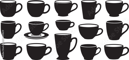 Coffee cup silhouettes collection, various mug and teacup shapes with saucers, hot beverage drinkware set  Silhouette  vector illustration with out background.