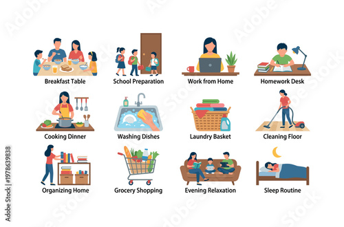 Family daily routines with breakfast table, school preparation, work from home, homework desk, cooking dinner, washing dishes,