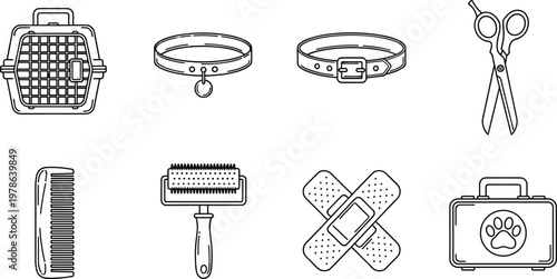 Set of eight outline illustrations of pet care items, including a carrier, collars, scissors, comb, grooming brush, bandages, and a first aid kit with a paw print.