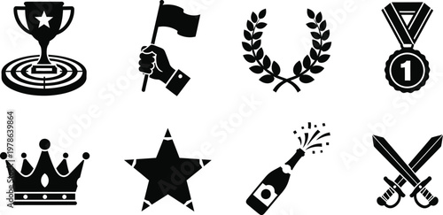 Black and white icons representing achievements victories and celebrations in a minimalist style