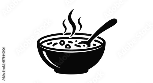 A black and white illustration of a steaming bowl of soup with a spoon