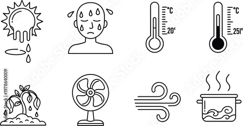 Set of line art icons illustrating heat and temperature: melting sun, sweating person, thermometers, wilting plant, fan, wind, and boiling pot, representing weather and comfort.