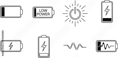 Collection of battery and power icons in line art style: full, low power, charging, and energy wave symbols, representing electricity, technology, and device status.