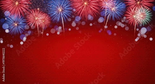 A vibrant display of fireworks against a red background, celebrating a festive occasion.