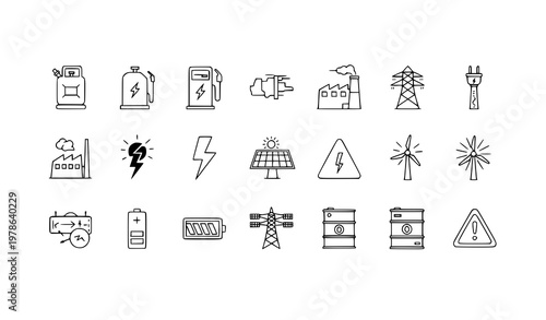 Energy crisis line icons set power supply fuel electricity and renewable energy outline vector isolated on white background