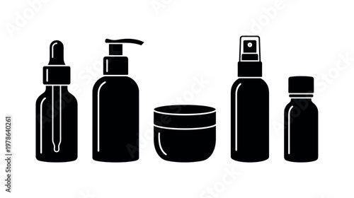 Skincare bottles including glass serum dropper bottle, pump lotion bottle, cream jar container, spray mist bottle, oil bottle