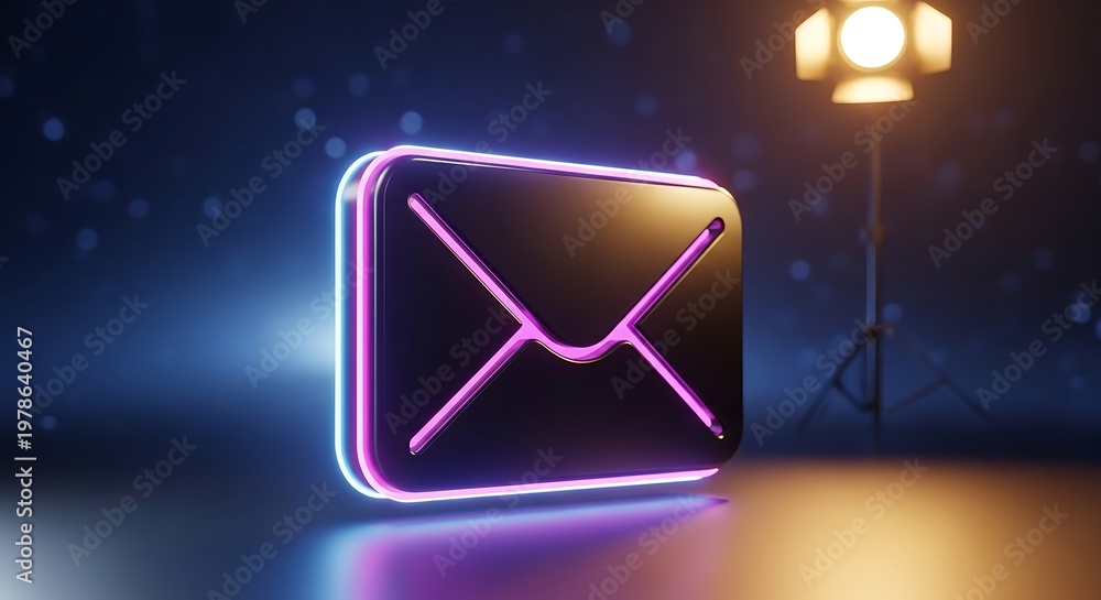 Naklejka premium Neon glowing email icon on dark background with spotlight.