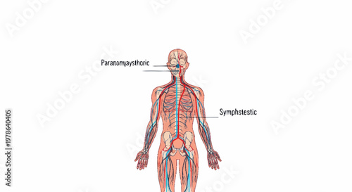 Anatomical illustration of the human lymphatic and nervous systems.
