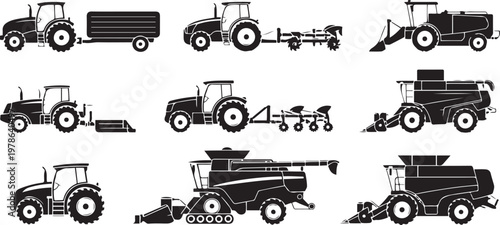 Set of agricultural machinery silhouettes including farm tractors with trailers plows and combine harvesters Silhouette  vector illustration with out background.