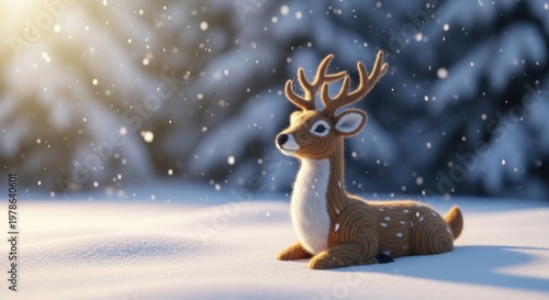 A reindeer sitting in the snow with a snowy background.