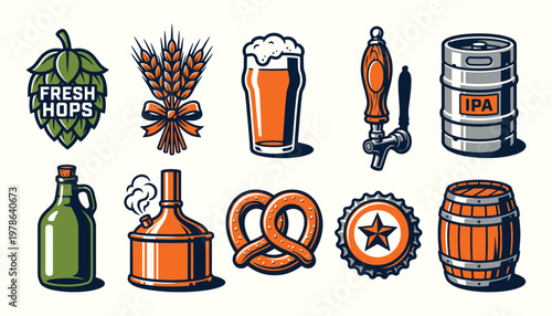 Craft Beer Brewery Icons Set featuring Hops Wheat Glass Keg and Pretzel Illustrations
