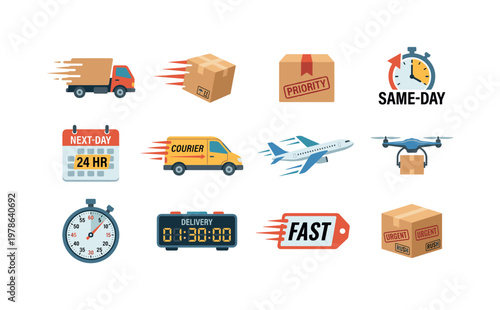 Fast shipping delivery with express truck, speed lines parcel, priority shipping box, same day delivery, next day delivery,