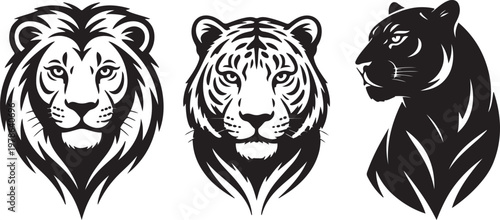 Stylized black and white big cat illustrations feature majestic lion, tiger, and leopard heads alongside powerful panther silhouettes in various dynamic poses