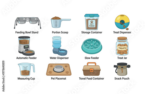 Feeding accessories for pets with feeding bowl stand, portion scoop, storage container, treat dispenser, automatic feeder, water