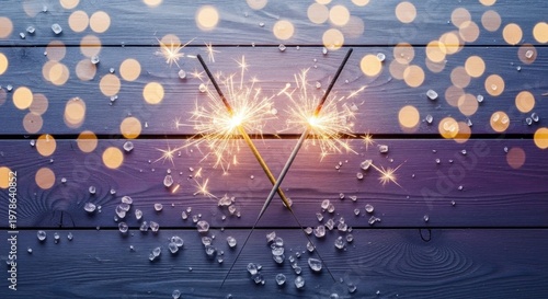 Two sparklers on a wooden background with bokeh lights.
