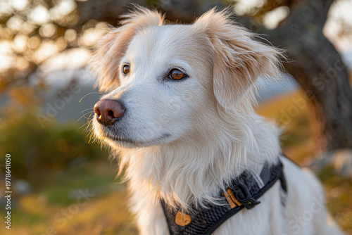 Golden Hour Portrait of White and Cream Long-Haired Dog in Mesh Harness at Sunset
