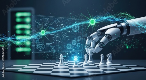 A robot hand playing chess on a digital chessboard with glowing green and blue elements in the background.