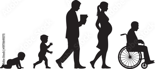 Set of black silhouettes showing human life cycle stages from a crawling baby and playing child to a businessman pregnant woman and elderly in wheelchair. 