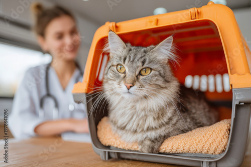 Calm tabby cat sitting inside pet carrier at veterinary clinic with blurred veterinarian in background, animal healthcare checkup concept