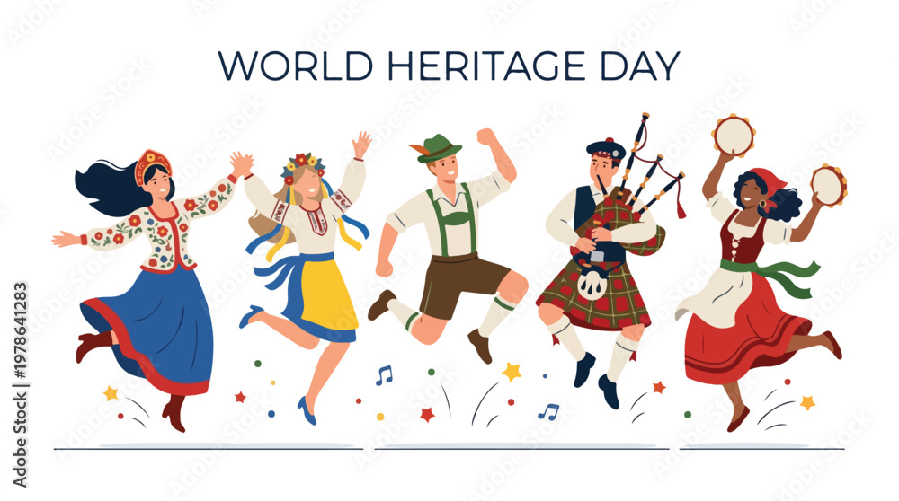 Fototapeta premium Vector of a group of people from various countries dancing traditional dances to celebrate 
