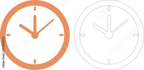 Orange and outline wall clocks side by side time symbol