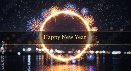 A festive night sky with fireworks and a glowing ring, celebrating the New Year.