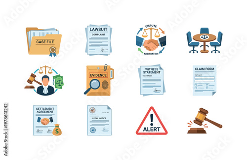 Financial disputes and legal actions with court case file, lawsuit document, dispute resolution icon, mediation table, arbitration