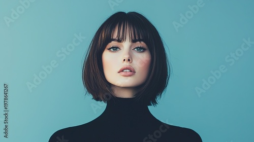 Chic editorial portrait of a model with lob cut and bangs studio setting fashion photography calm environment