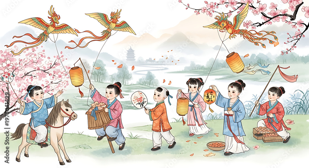 Fototapeta premium Traditional Chinese Illustration of Children Playing in Spring