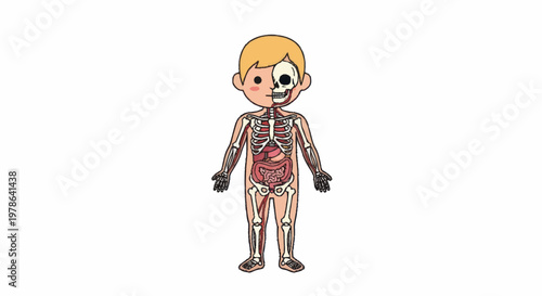 Cartoon child anatomy showing skeleton and internal organs illustration.