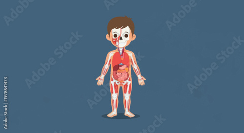 Illustration of a childs internal anatomy and muscular system.