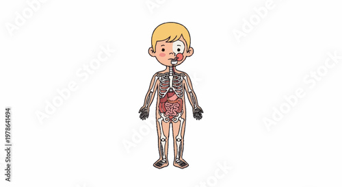 Cartoon illustration of a childs internal anatomy and skeletal system.