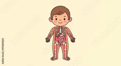 Cute Cartoon Child Anatomy Illustration Showing Skeleton and Organs.