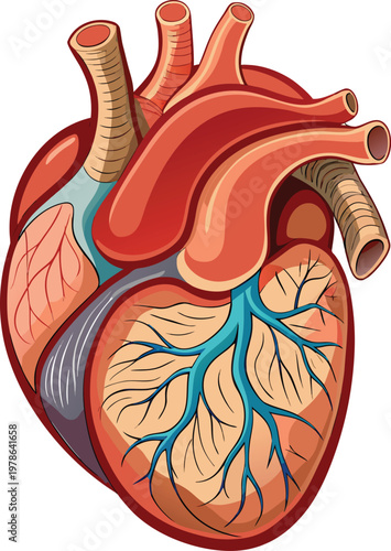 anatomy of the human heart Anatomically correct human heart diagram, realistic structure with visible chambers and vascular connections, high-resolution vector artwork, clean and minimal composition, 