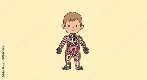 Illustration of a childs internal anatomy and skeletal system.