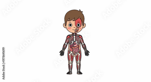 Cartoon boy with visible internal anatomy and skeleton.