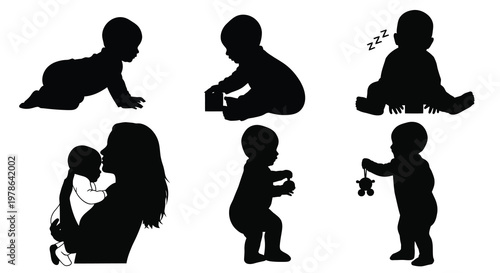 Silhouette illustrations depicting various stages of baby and maternal interactions