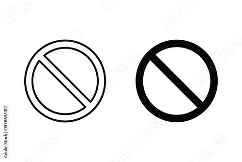 Set of two prohibition signs, outline and solid black circle with diagonal line, vector illustration