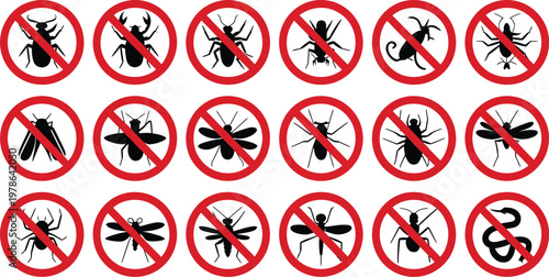 Rodent and pest with warning signs, vector illustration set featuring rats mice and hazard symbols for pest control safety alert and warning design.