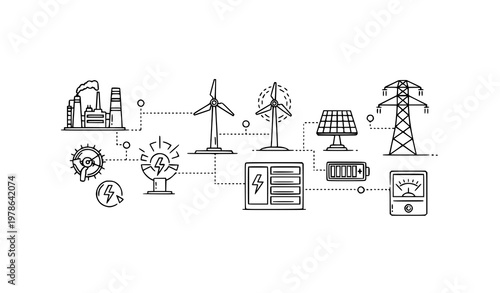 Connected energy system line icons vector power supply crisis and renewable infrastructure outline collection isolated on white