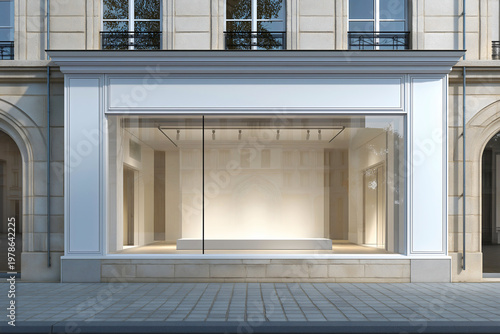 Minimalist elegant high end storefront facade in classic shopping street with empty glass display window and copy space.