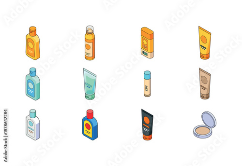 Sunscreen lotion bottle, sunscreen spray can, sunscreen stick, sunscreen cream tube, after sun lotion, sunburn relief gel, SPF lip