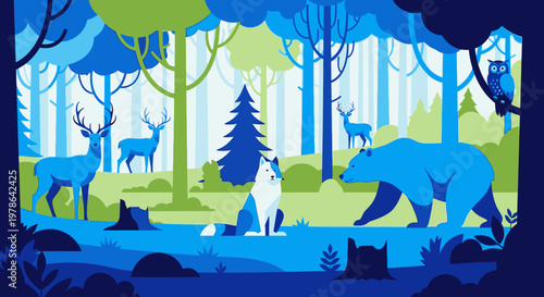 Flat vector forest wildlife landscape in blue and green, layered paper cut style nature background with deer fox bear and trees, modern illustration for poster banner